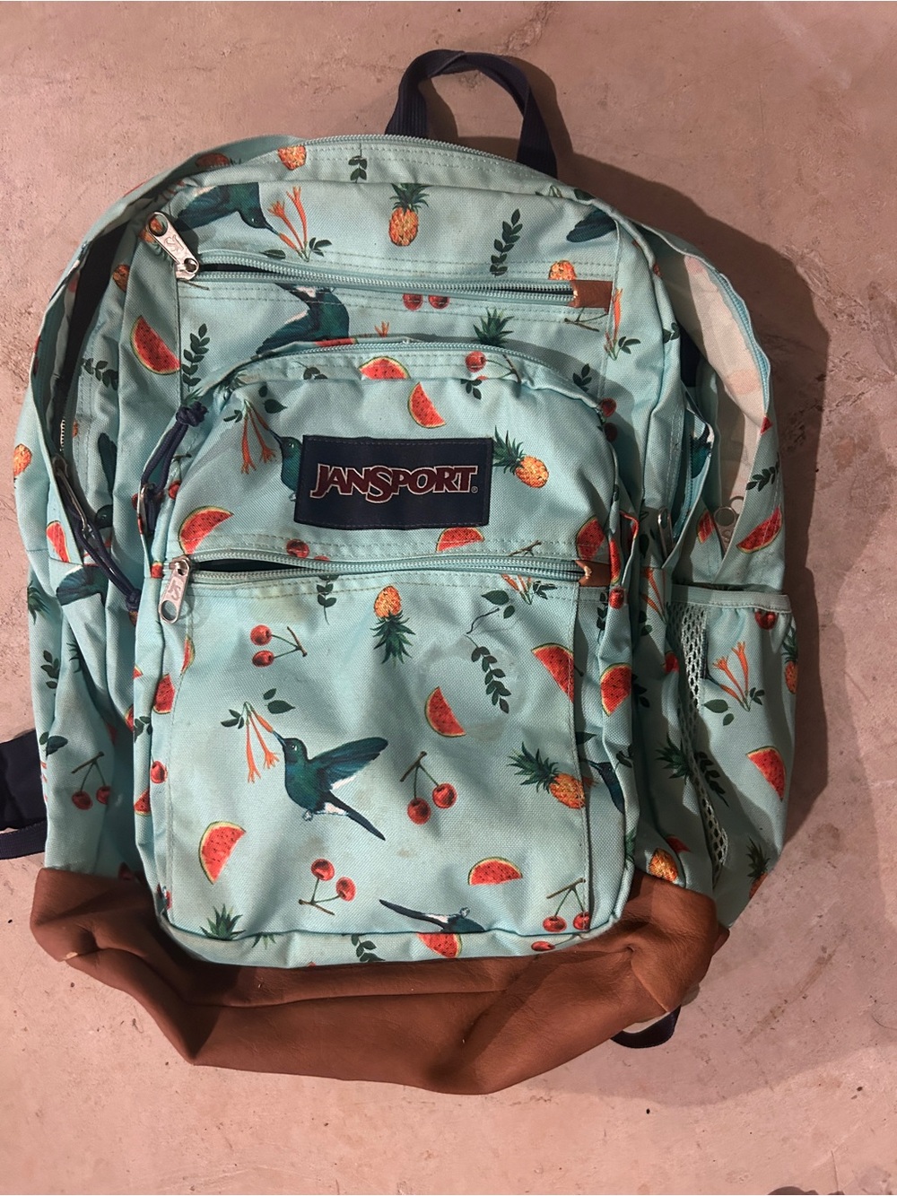 JanSport Mint Tropical Hummingbird Backpack with Brown Base